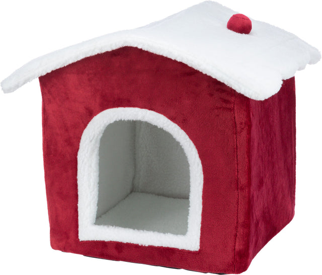Rotes Hundehaus mit weißem Dach und kleinem roten Ball auf der Spitze, offene Vorderseite mit weißem Rand.