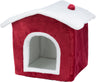 Rotes Hundehaus mit weißem Dach und kleinem roten Ball auf der Spitze, offene Vorderseite mit weißem Rand.