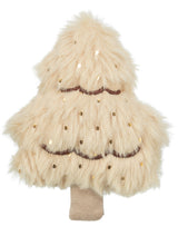 Flauschiges, beiges Baumsymbol mit goldenen Punkten und einem kurzen Stamm, in Form eines stilisierten Weihnachtsbaums.