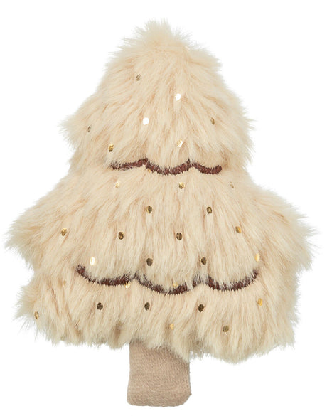 Flauschiges, beiges Baumsymbol mit goldenen Punkten und einem kurzen Stamm, in Form eines stilisierten Weihnachtsbaums.