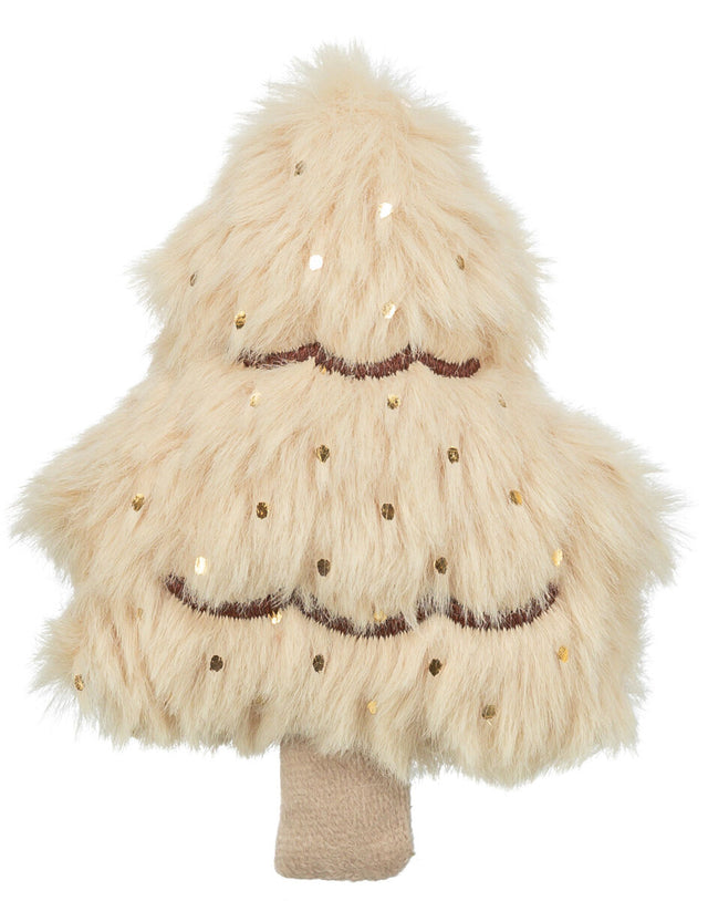 Flauschiges, beiges Baumsymbol mit goldenen Punkten und einem kurzen Stamm, in Form eines stilisierten Weihnachtsbaums.