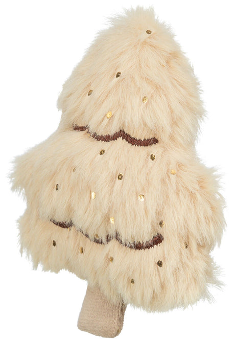 Plüschspielzeug in Form eines Tannenbaums mit flauschiger, beiger Oberfläche und goldenen Pailletten.