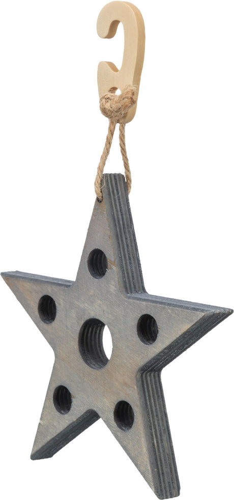 Holzstern mit mehreren Löchern, an einem Seil befestigt, und einem hakenförmigen Aufhänger aus Holz.