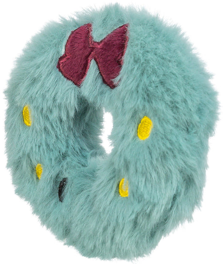 Flauschiger, türkisfarbener Ring mit gelben Punkten und roter Schleife, anscheinend ein Spielzeug.