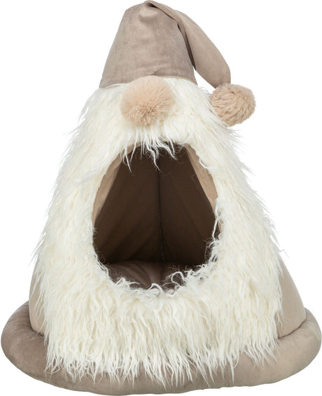 Weiches, braunes und cremefarbenes Tierversteck in Form eines Gnoms mit Spitzhut und flauschigem Rand.