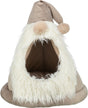 Weiches, braunes und cremefarbenes Tierversteck in Form eines Gnoms mit Spitzhut und flauschigem Rand.