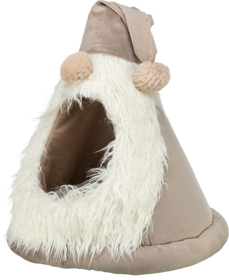 Höhle in Form eines Bärtigen mit weißem Kunstpelz und beige-brauner, spitzer Mütze mit zwei Bommel.