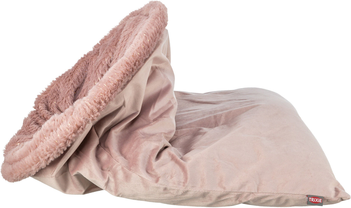 Weiches, rosafarbenes Kuschelbett mit plüschiger Umrandung, geeignet zum Einkuscheln, mit kleinem Markenlabel.