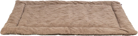 Beige, flauschiges, rechteckiges Kissen mit gepolstertem Rand, auf einer ebenen Fläche liegend.