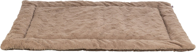 Beige, flauschiges, rechteckiges Kissen mit gepolstertem Rand, auf einer ebenen Fläche liegend.
