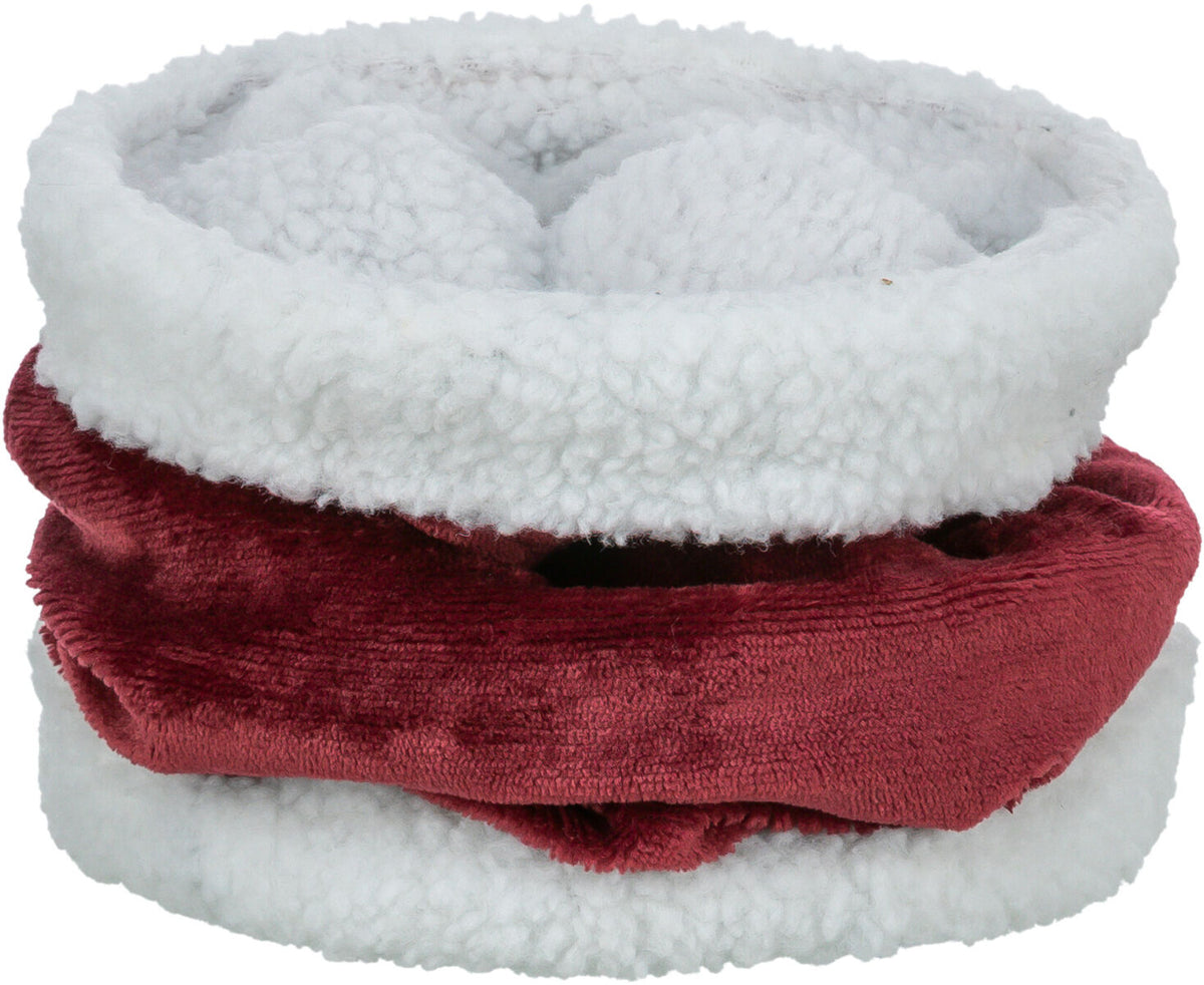 Rundes, weißes und rotes Kuschelbett mit weichem, plüschigem Stoff.