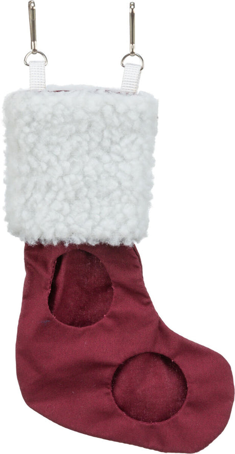 Rote Stiefel mit weißem, flauschigem Rand, zwei Metallhaken oben zur Befestigung.