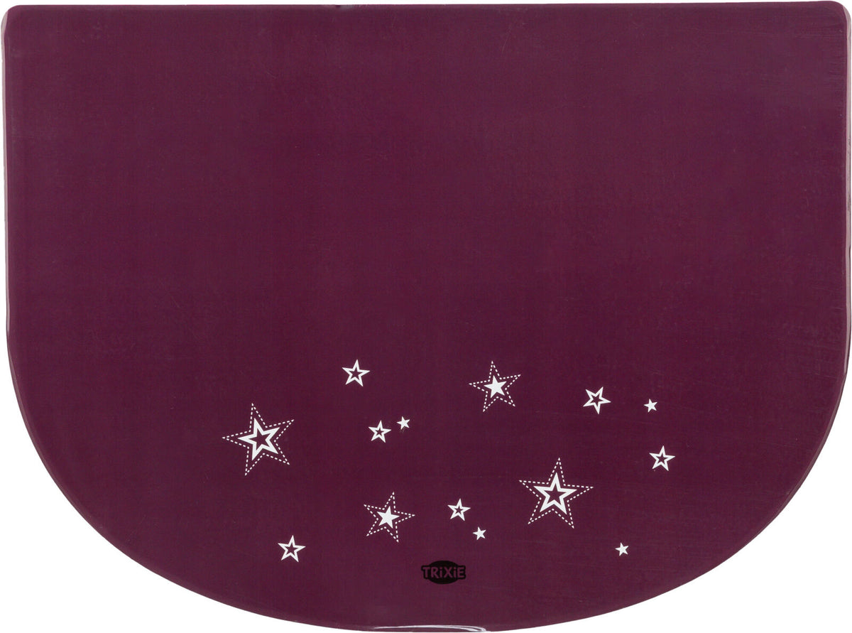 Rechteckige, dunkelrote Matte mit weißen Sternmotiven und schwarzem Logo "Trixie" unten.