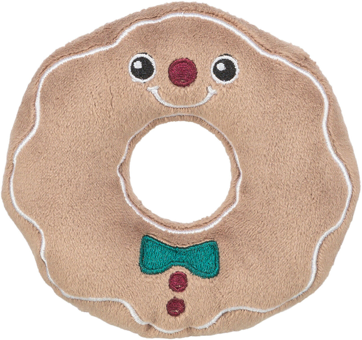 Spielzeug in Form eines braunen Doughnuts mit Gesicht, roter Nase, grüner Fliege und zwei roten Knöpfen.