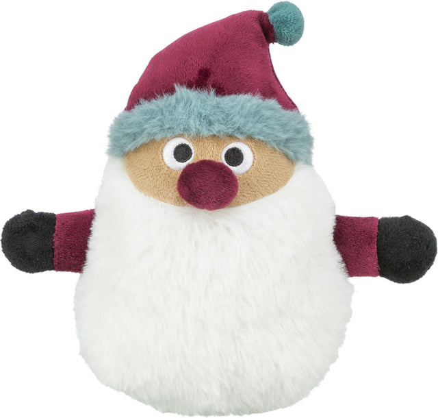 Ein plüschiges Spielzeug in Form eines freundlichen Weihnachtsmanns mit roter Mütze, weißem Bart und ausgestreckten Armen.