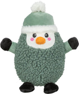 Plüschspielzeug in Form eines Pinguins mit grünem Körper, oranger Nase, rosa Wangen und Mütze mit weißem Bommel.
