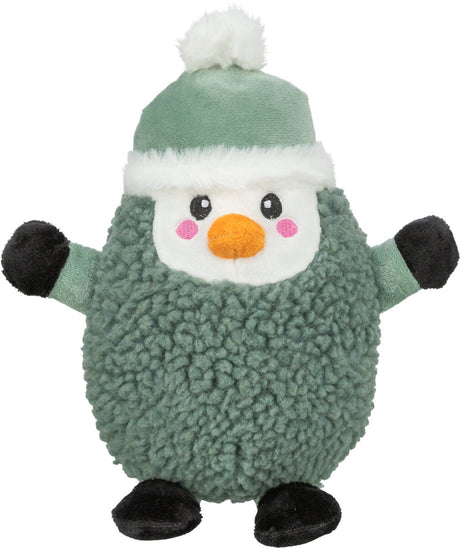 Plüschspielzeug in Form eines Pinguins mit grünem Körper, oranger Nase, rosa Wangen und Mütze mit weißem Bommel.