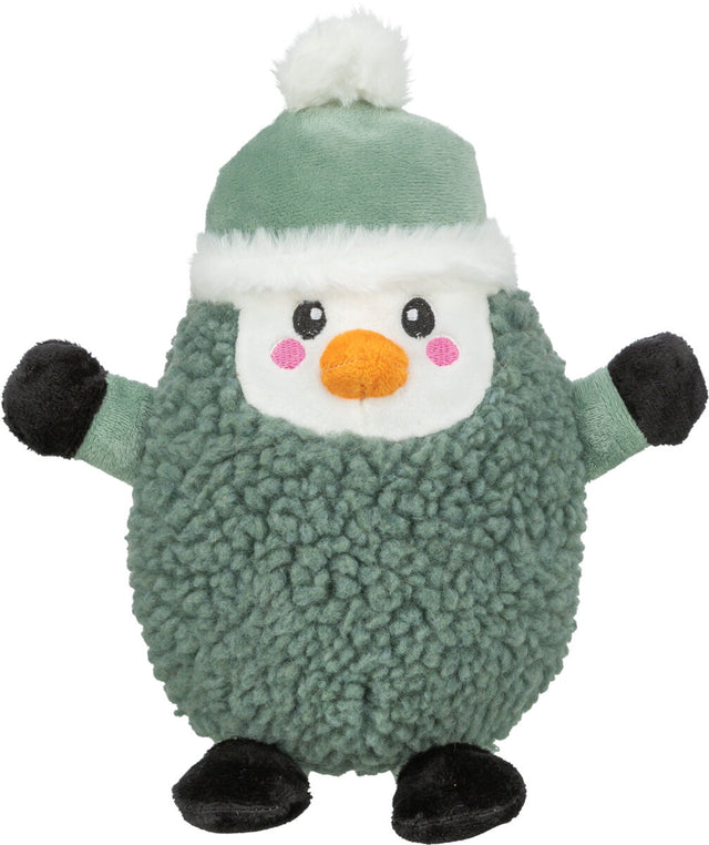 Plüschspielzeug in Form eines Pinguins mit grünem Körper, oranger Nase, rosa Wangen und Mütze mit weißem Bommel.