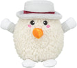 Plüschfigur in Form eines runden Schneemanns mit grauem Hut, orangefarbener Nase und hochgestreckten Armen.