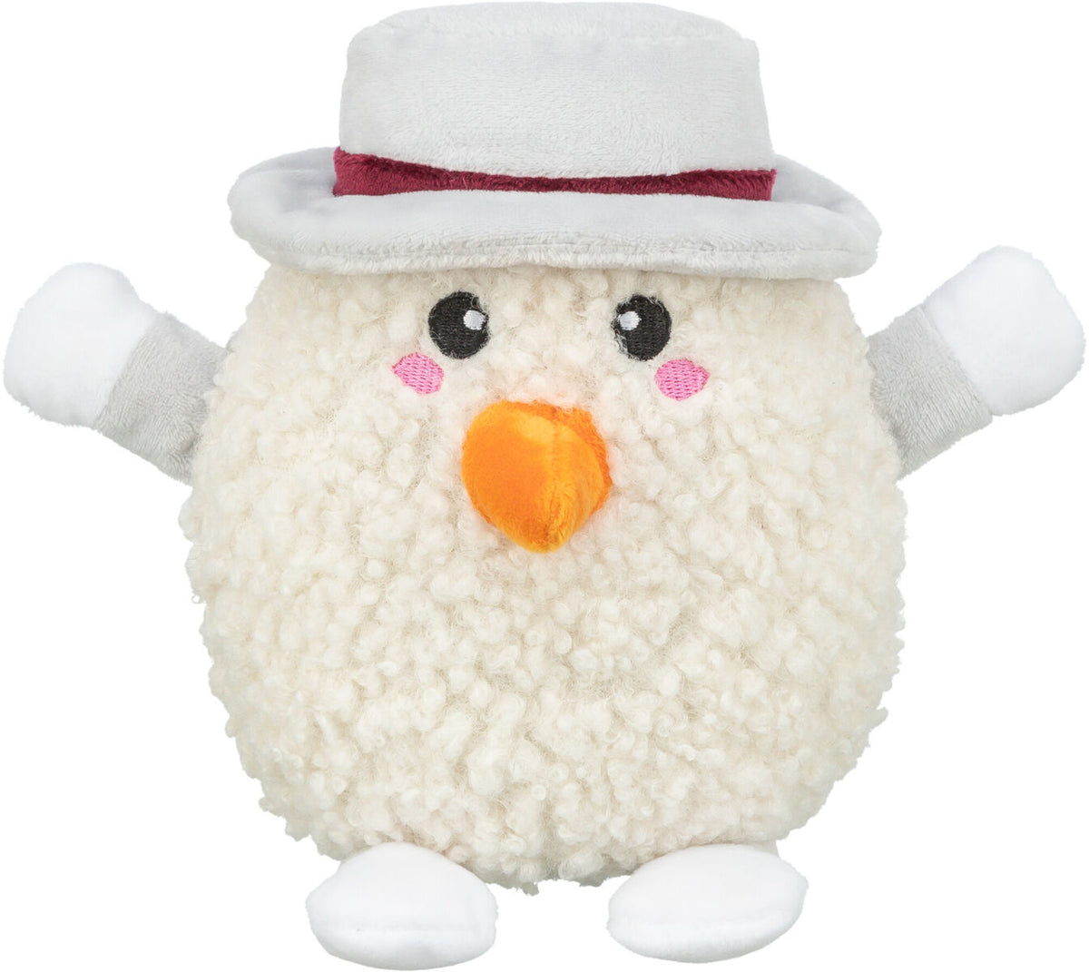 Plüschfigur in Form eines runden Schneemanns mit grauem Hut, orangefarbener Nase und hochgestreckten Armen.