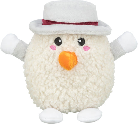 Plüschfigur in Form eines runden Schneemanns mit grauem Hut, orangefarbener Nase und hochgestreckten Armen.