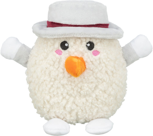 Plüschfigur in Form eines runden Schneemanns mit grauem Hut, orangefarbener Nase und hochgestreckten Armen.