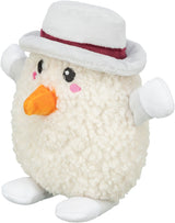 Plüschschneemann mit orangefarbener Nase, weißen Armen und Füßen, grauem Hut mit rotem Streifen.