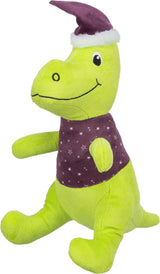 Grünes Plüschspielzeug in Dinosaurierform, trägt einen lilafarbenen Hut und ein lilafarbenes Shirt mit Sternen.