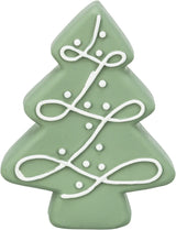 Grüner Tannenbaum aus Kunststoff mit weißem Muster aus Punkten und Schleifen auf der Oberfläche.