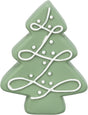 Grüner Tannenbaum aus Kunststoff mit weißem Muster aus Punkten und Schleifen auf der Oberfläche.