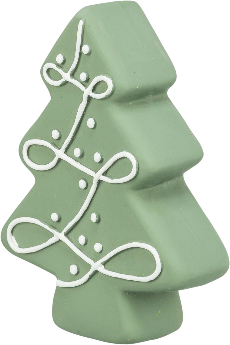 Grüner, stilisierter Tannenbaum mit weißem, geschwungenem Linienmuster auf der Vorderseite.