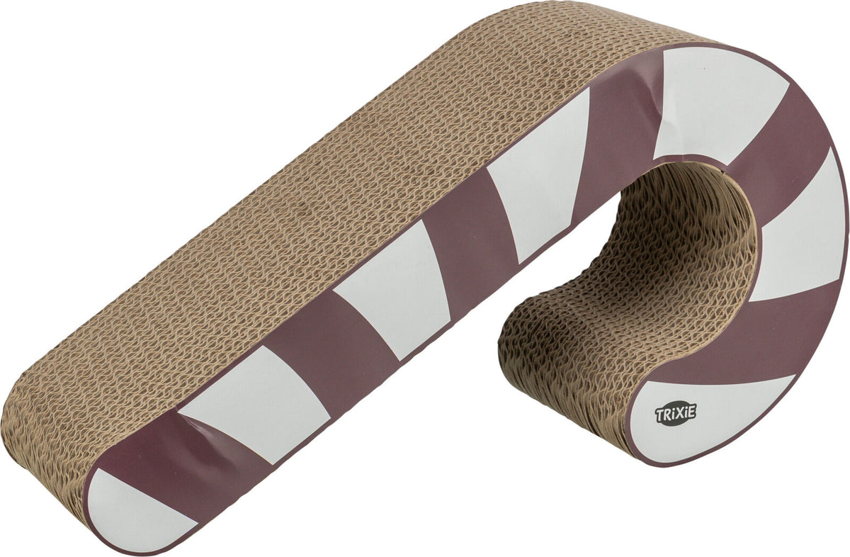 Katzenkratzer in brauner und weißer Spiralform mit dem Logo "TRIXIE" an der Seite.