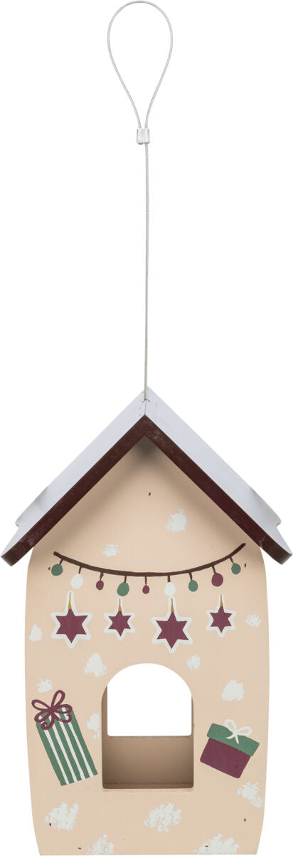 Vogelfutterhaus aus Holz zum Aufhängen, bemalt mit Weihnachtsmotiven wie Sternen und Geschenken, mit weißem Dach.