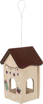 Hängendes, beige Haus mit braunem Dach und dekorativen Sternen und Geschenken bemalt.