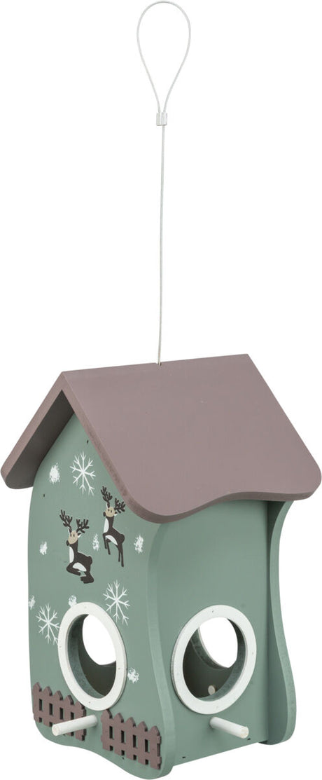 Vogelhaus aus Holz in Grün mit braunem Dach, verziert mit Rentiermotiven und Schneeflocken, zum Aufhängen.