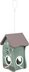 Vogelhaus aus Holz in Grün mit braunem Dach, verziert mit Rentiermotiven und Schneeflocken, zum Aufhängen.