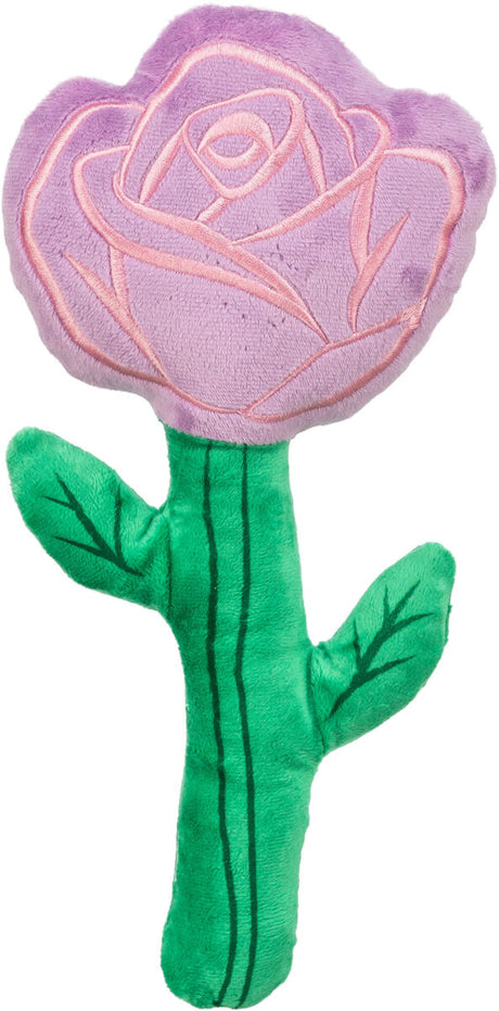 Lila Rose und grüner Stängel als Plüschspielzeug mit Stickereien.