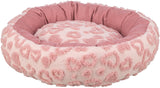 Rundes, flauschiges, rosa Bett mit Herzmuster und erhöhter Umrandung.
