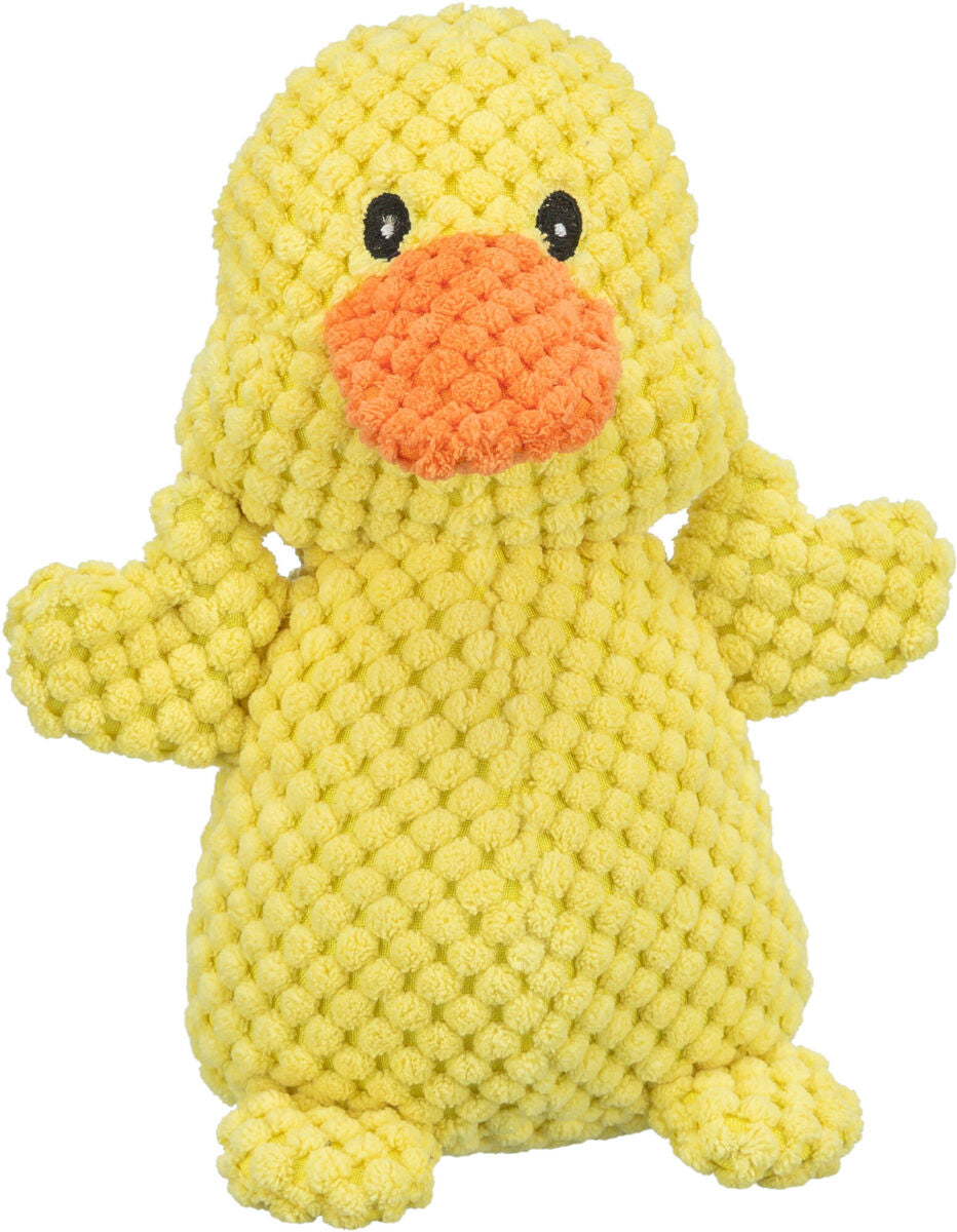 Gelbes Stoffspielzeug in Form einer Ente mit orangenem Schnabel und schwarzen Augen, strukturiert und plüschig.
