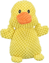 Gelbes Stoffspielzeug in Form einer Ente mit orangenem Schnabel und schwarzen Augen, strukturiert und plüschig.