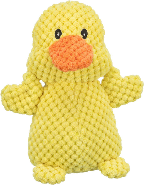Gelbes Stoffspielzeug in Form einer Ente mit orangenem Schnabel und schwarzen Augen, strukturiert und plüschig.