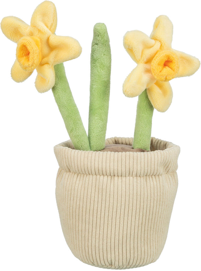 Zwei gelbe Plüschblumen mit grünen Stielen stehen in einem beigen, gerippten Stofftopf.