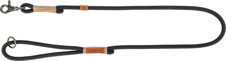 Schwarze Hundeleine aus geflochtenem Material mit metallischem Karabinerhaken und braunen Lederapplikationen.