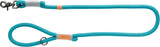 Türkise Hundeleine mit schwarzem Karabiner, rundes Seil, graue und orangefarbene Details, Aufschrift „BE NORDIC“.