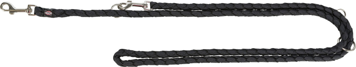 Schwarze geflochtene Leine mit silbernem Karabinerhaken und Schlaufe, Markenname "Trixie" ersichtlich.