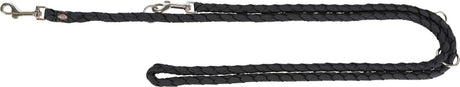 Schwarze geflochtene Leine mit silbernem Karabinerhaken und Schlaufe, Markenname "Trixie" ersichtlich.