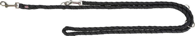 Schwarze geflochtene Leine mit silbernem Karabinerhaken und Schlaufe, Markenname "Trixie" ersichtlich.