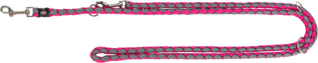 Zweifarbige, geflochtene Leine in Pink und Grau mit Metallkarabiner und runden Befestigungsringen.