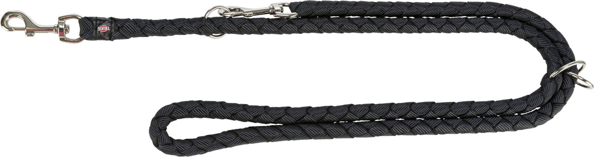 Schwarze geflochtene Hundeleine mit silbernem Karabinerhaken und Metallring, Label "Trixie" erkennbar.