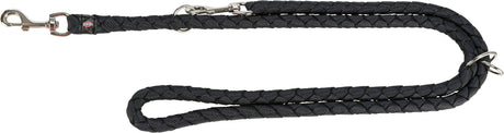 Schwarze geflochtene Hundeleine mit silbernem Karabinerhaken und Metallring, Label "Trixie" erkennbar.